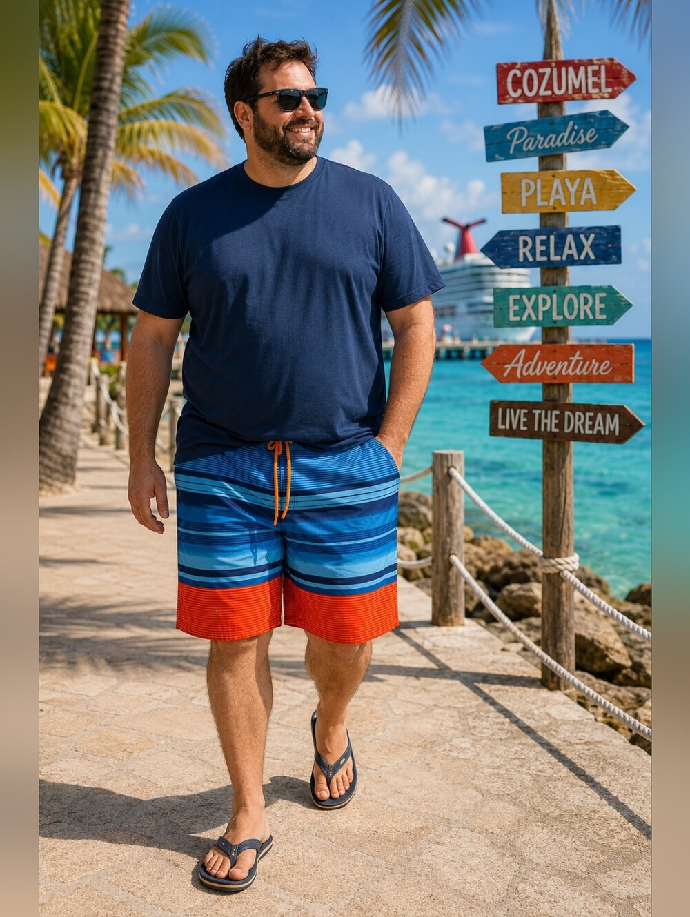 True Nation Men's 3XL Swim Trunks Blue Orange Striped Board Shorts Big & Tall